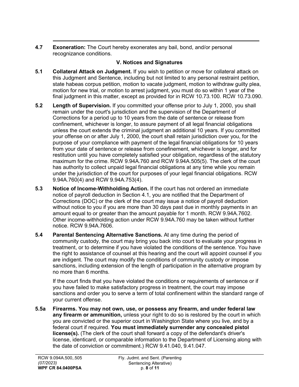 Form WPF CR84.0400PSA Felony Judgment and Sentence - Parenting Sentencing Alternative - Washington, Page 8