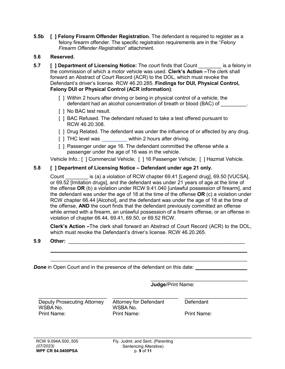 Form WPF CR84.0400PSA Felony Judgment and Sentence - Parenting Sentencing Alternative - Washington, Page 9