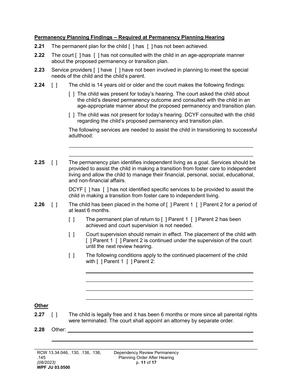 Form WPF JU03.0500 Order After Hearing: First Dependency Review / Dependency Review / Permanency Planning (Fdprho) (Dprho) (Orpp) - Washington, Page 11