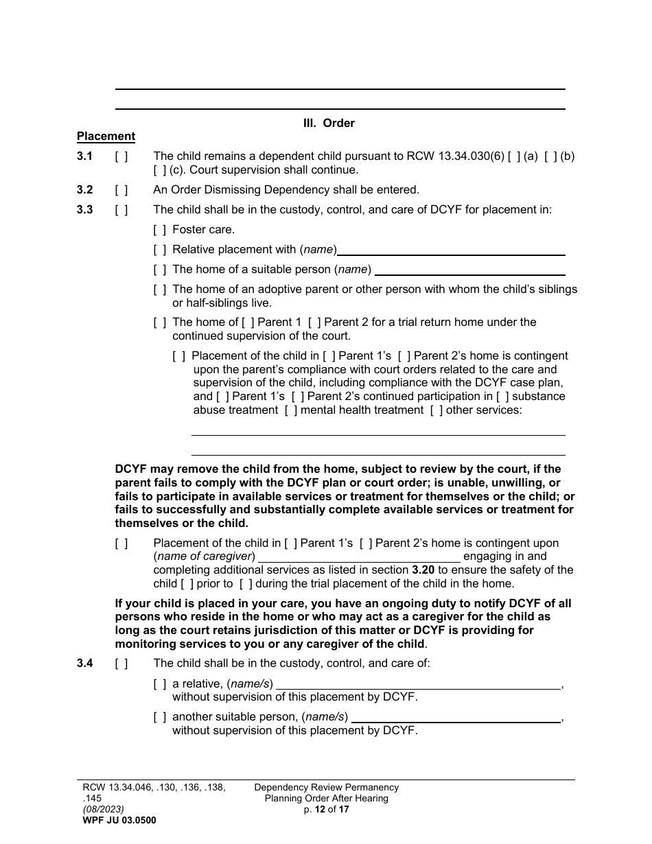 Form WPF JU03.0500 Order After Hearing: First Dependency Review / Dependency Review / Permanency Planning (Fdprho) (Dprho) (Orpp) - Washington, Page 12