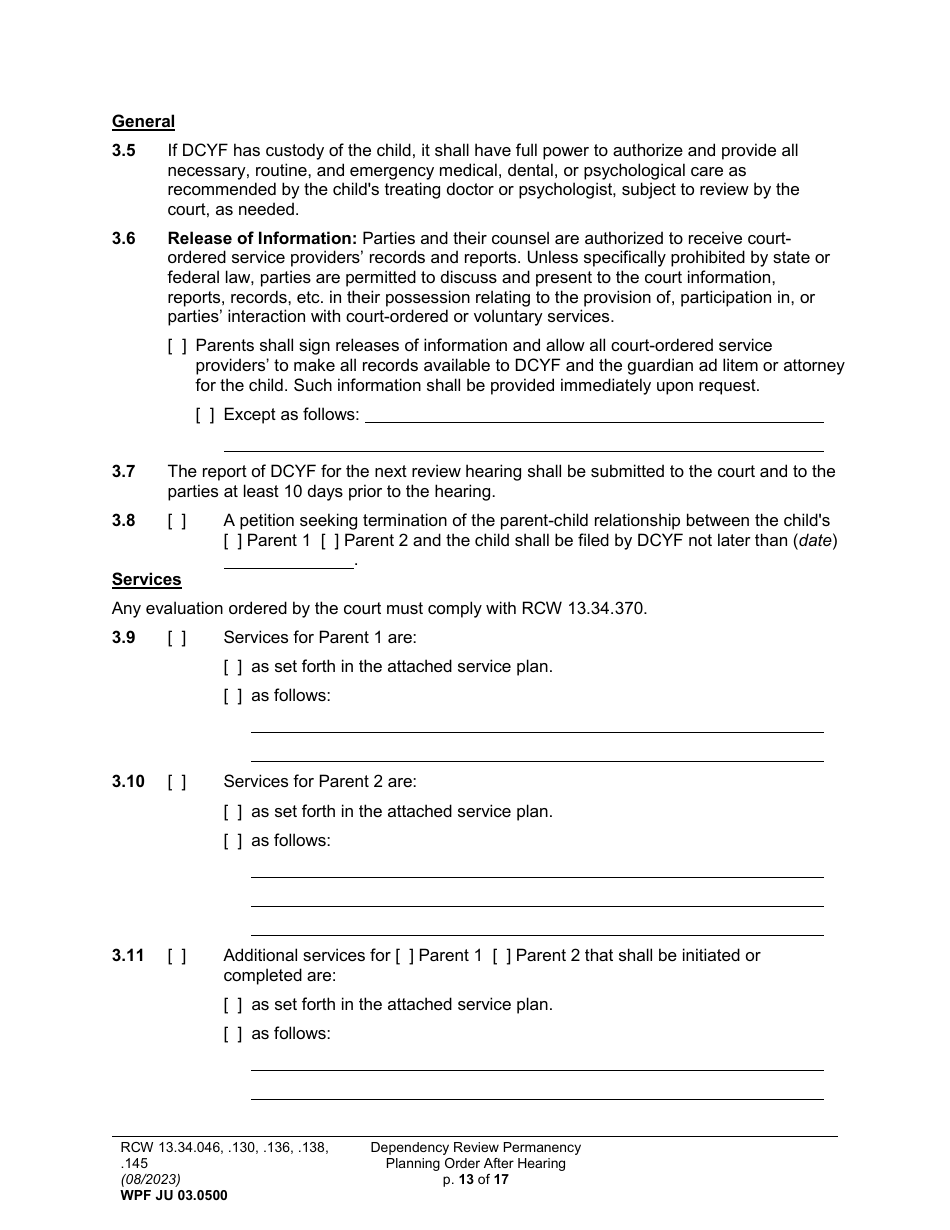 Form WPF JU03.0500 Order After Hearing: First Dependency Review / Dependency Review / Permanency Planning (Fdprho) (Dprho) (Orpp) - Washington, Page 13