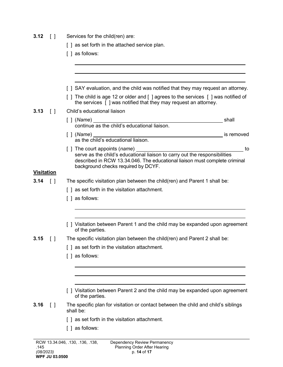 Form WPF JU03.0500 Order After Hearing: First Dependency Review / Dependency Review / Permanency Planning (Fdprho) (Dprho) (Orpp) - Washington, Page 14