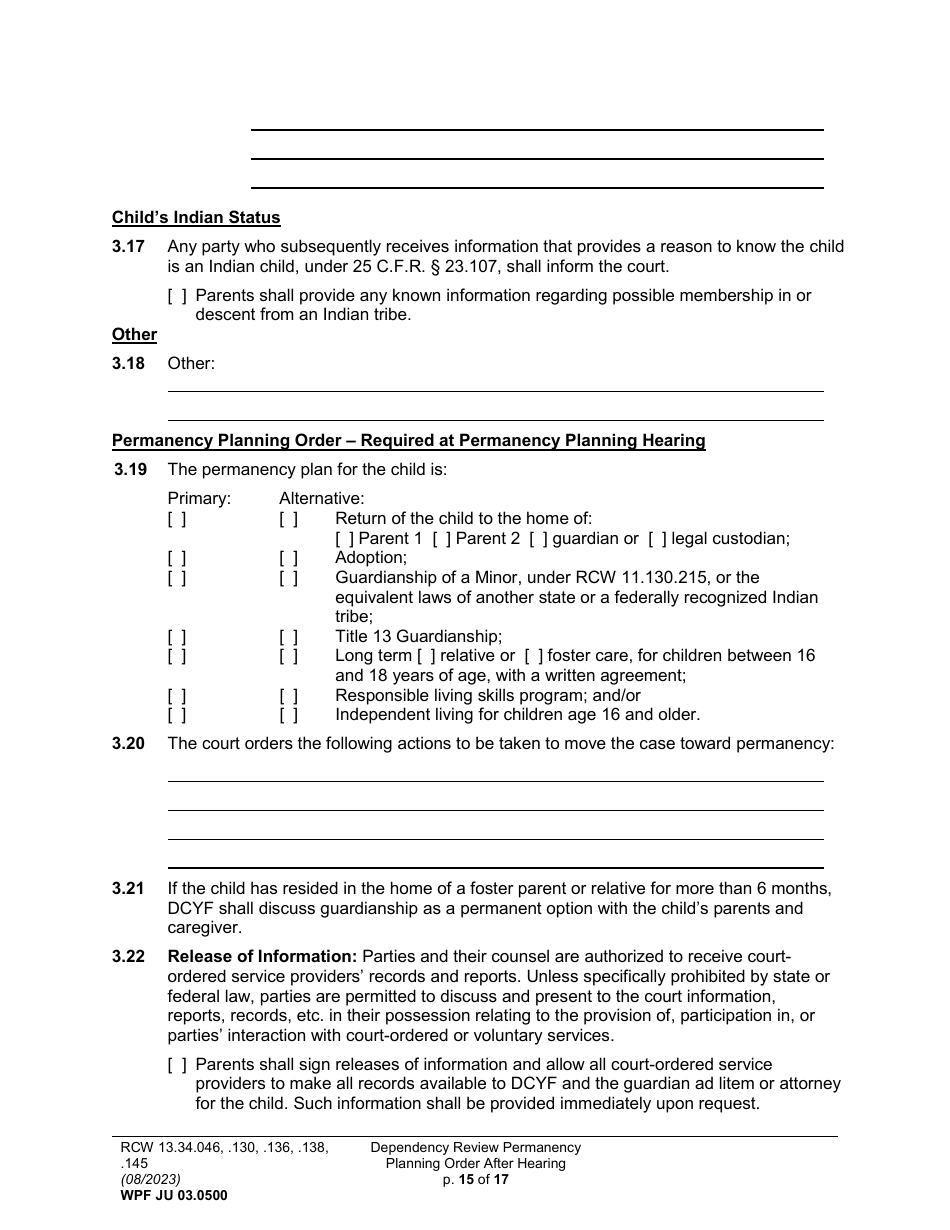 Form WPF JU03.0500 Order After Hearing: First Dependency Review / Dependency Review / Permanency Planning (Fdprho) (Dprho) (Orpp) - Washington, Page 15