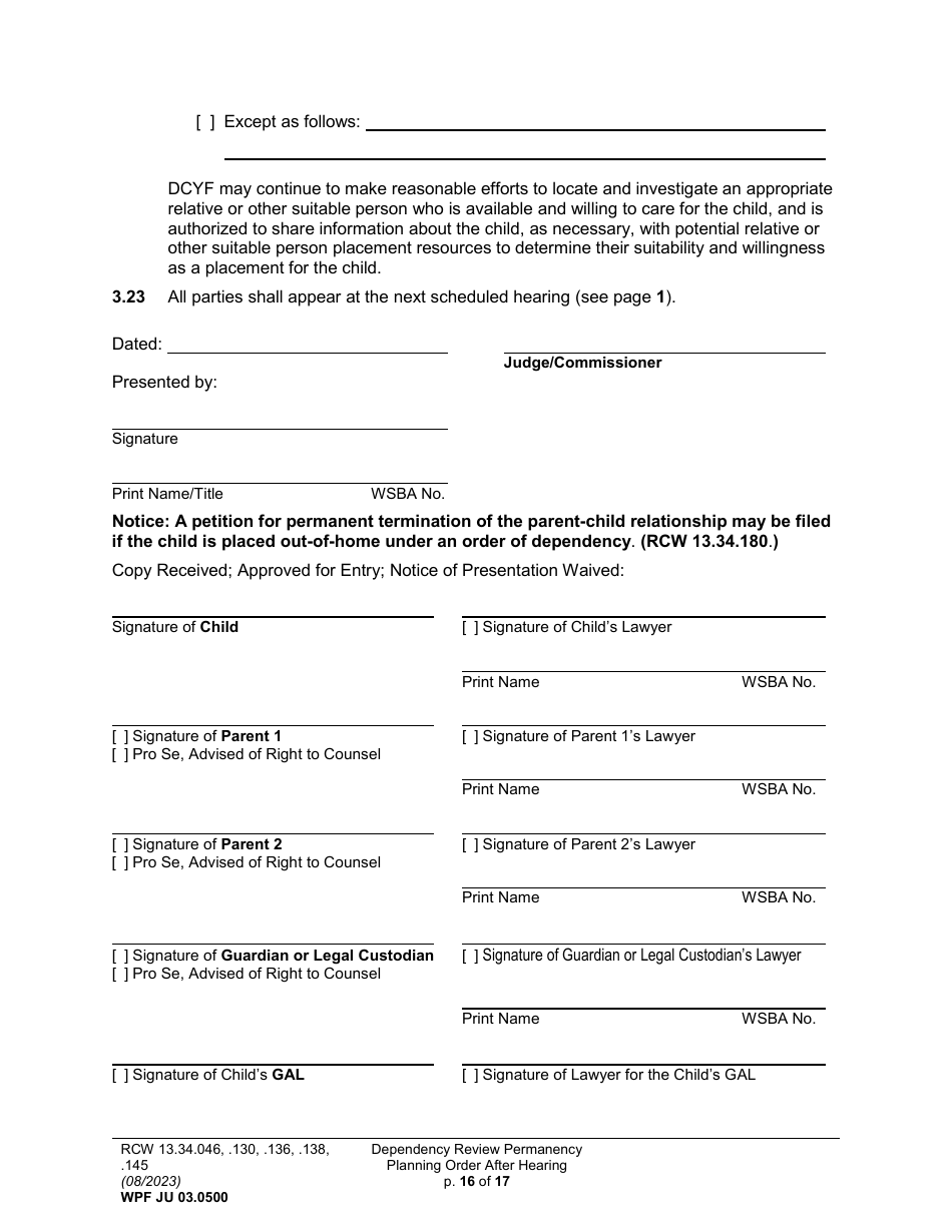 Form WPF JU03.0500 Order After Hearing: First Dependency Review / Dependency Review / Permanency Planning (Fdprho) (Dprho) (Orpp) - Washington, Page 16