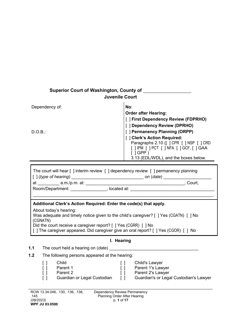 Form WPF JU03.0500 Order After Hearing: First Dependency Review / Dependency Review / Permanency Planning (Fdprho) (Dprho) (Orpp) - Washington, Page 1