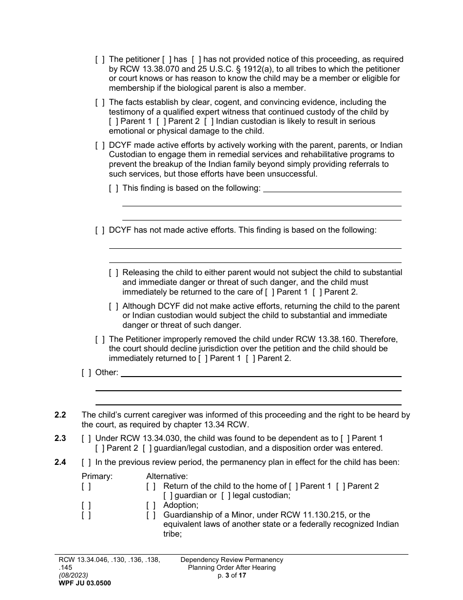 Form WPF JU03.0500 Order After Hearing: First Dependency Review / Dependency Review / Permanency Planning (Fdprho) (Dprho) (Orpp) - Washington, Page 3