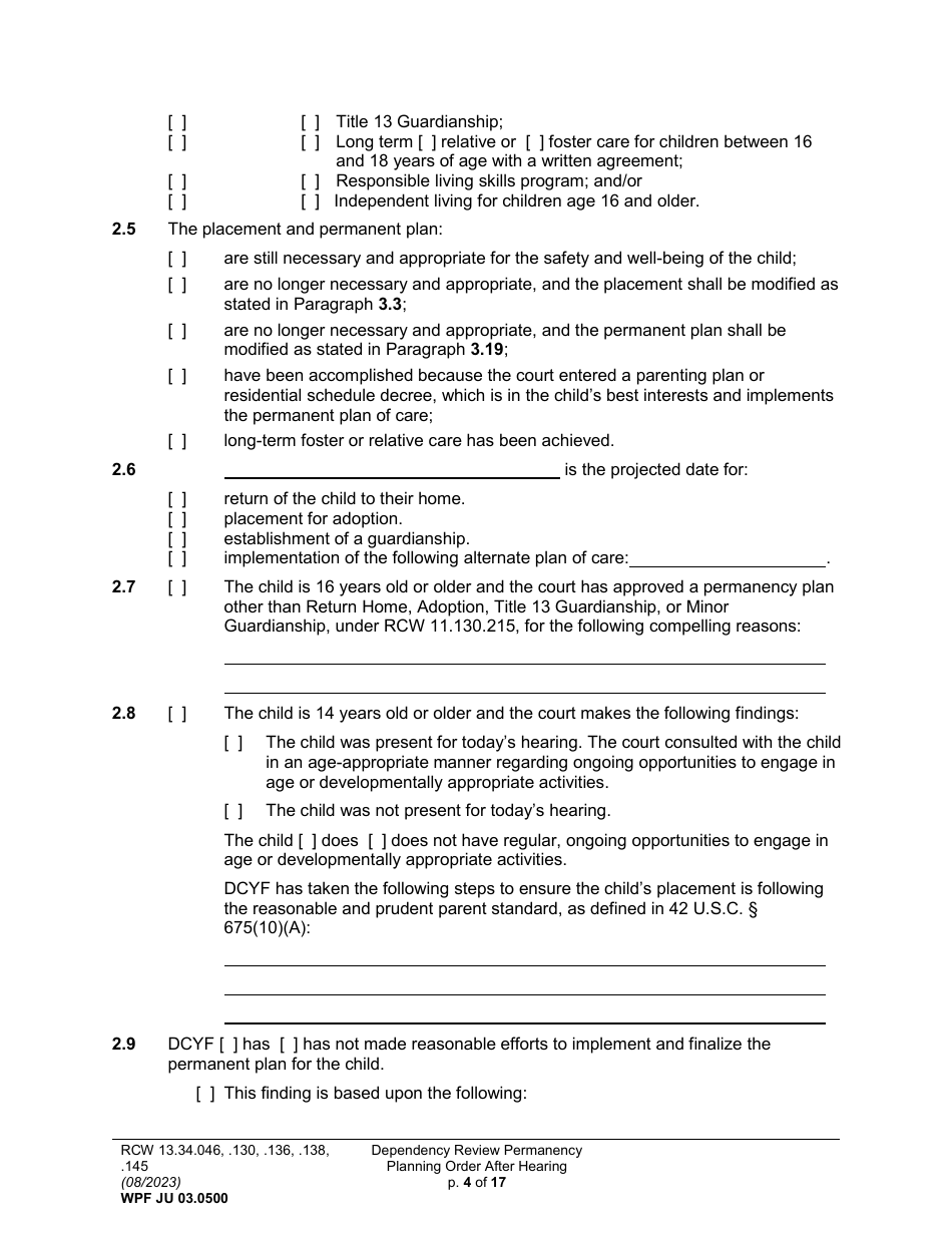 Form WPF JU03.0500 Order After Hearing: First Dependency Review / Dependency Review / Permanency Planning (Fdprho) (Dprho) (Orpp) - Washington, Page 4