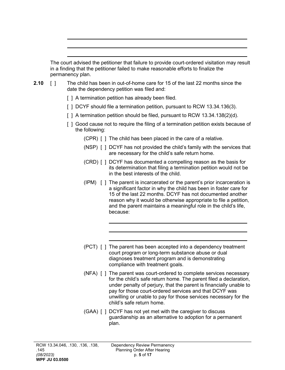 Form WPF JU03.0500 Order After Hearing: First Dependency Review / Dependency Review / Permanency Planning (Fdprho) (Dprho) (Orpp) - Washington, Page 5