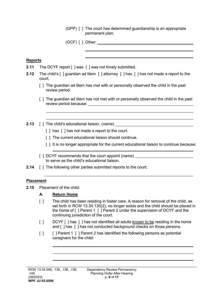 Form WPF JU03.0500 Order After Hearing: First Dependency Review / Dependency Review / Permanency Planning (Fdprho) (Dprho) (Orpp) - Washington, Page 6