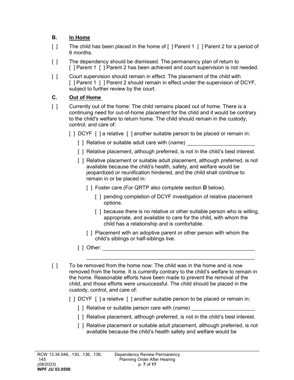 Form WPF JU03.0500 Order After Hearing: First Dependency Review / Dependency Review / Permanency Planning (Fdprho) (Dprho) (Orpp) - Washington, Page 7