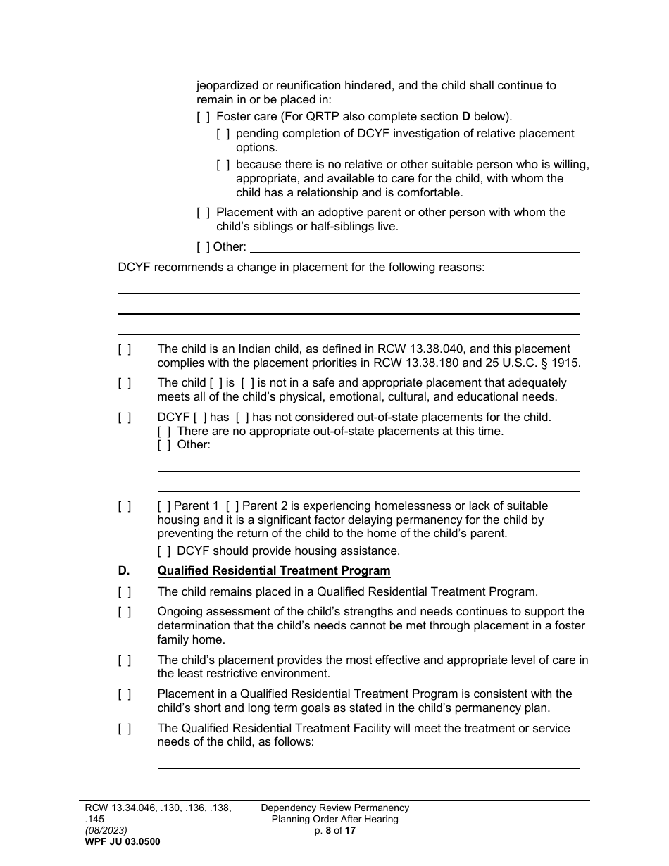 Form WPF JU03.0500 Order After Hearing: First Dependency Review / Dependency Review / Permanency Planning (Fdprho) (Dprho) (Orpp) - Washington, Page 8