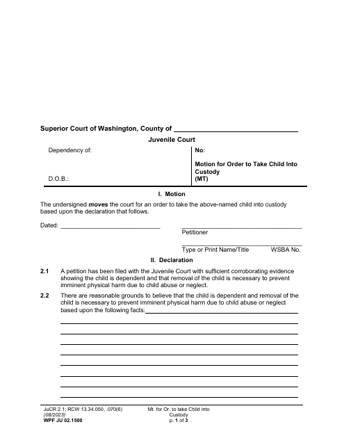 Form WPF JU02.0100 Motion for Order to Take Child Into Custody (Mt) - Washington