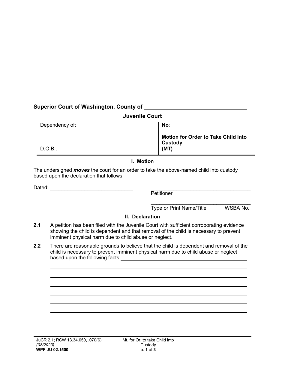 Form WPF JU02.0100 Motion for Order to Take Child Into Custody (Mt) - Washington, Page 1