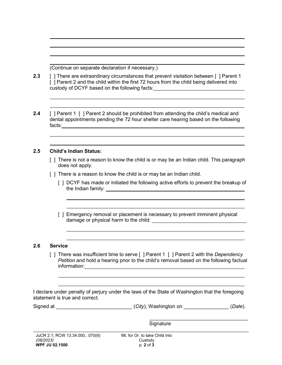 Form WPF JU02.0100 Motion for Order to Take Child Into Custody (Mt) - Washington, Page 2
