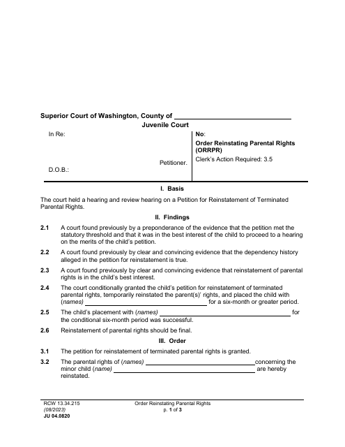 Form JU04.0820 Order Reinstating Parental Rights (Orrpr) - Washington