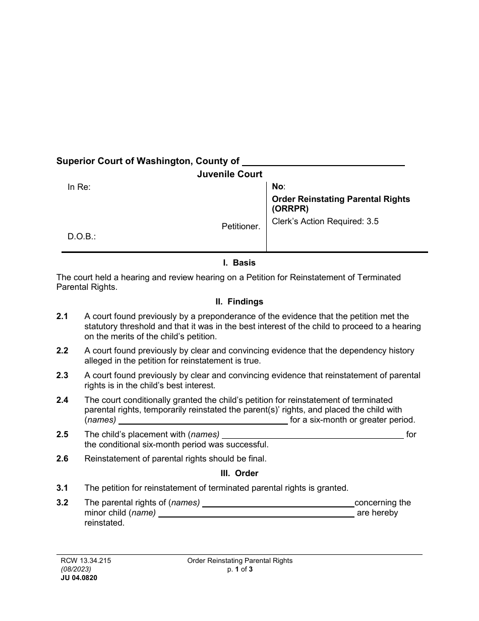 Form JU04.0820 Order Reinstating Parental Rights (Orrpr) - Washington, Page 1