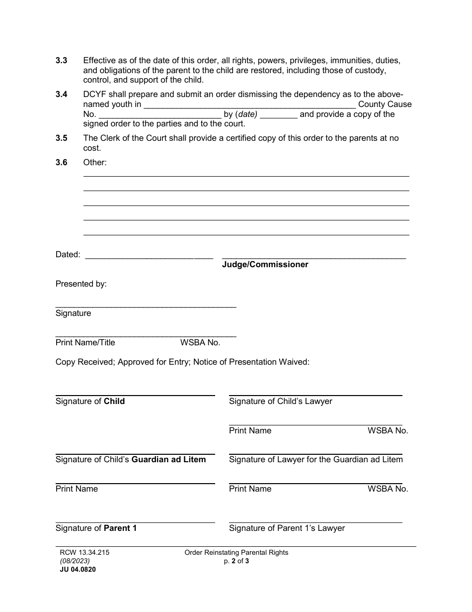 Form JU04.0820 Order Reinstating Parental Rights (Orrpr) - Washington, Page 2
