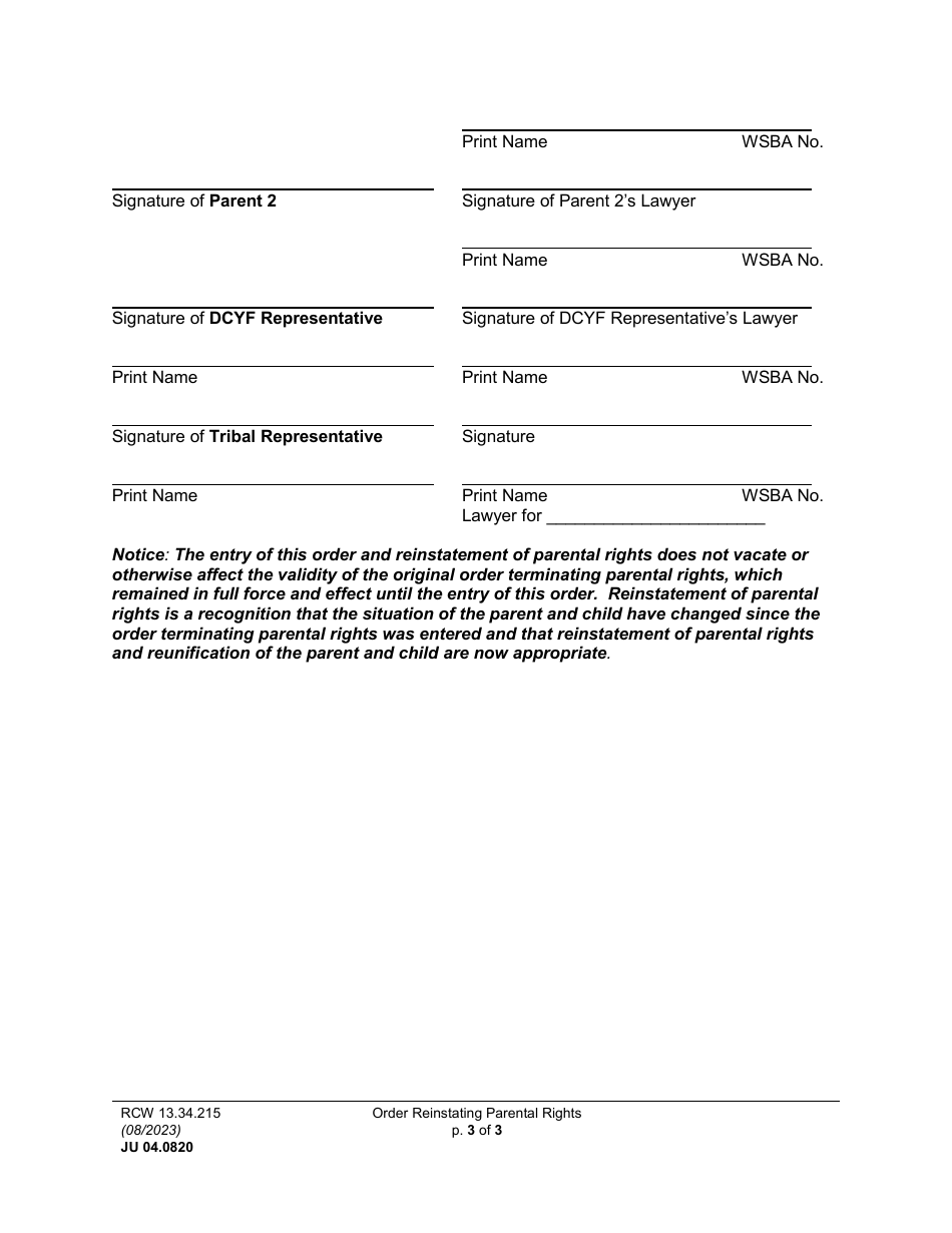 Form JU04.0820 Order Reinstating Parental Rights (Orrpr) - Washington, Page 3