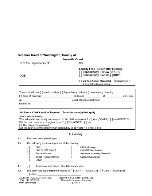 Form WPF JU03.0560 Legally Free - Order After Hearing Dependency Review/Permanency Planning (Dprho) (Orpp) - Washington