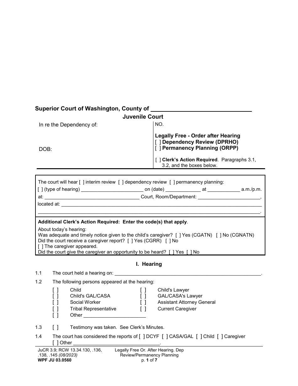 Form WPF JU03.0560 Legally Free - Order After Hearing Dependency Review / Permanency Planning (Dprho) (Orpp) - Washington, Page 1