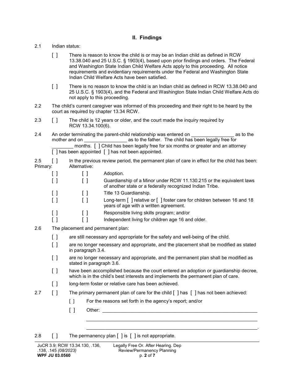 Form WPF JU03.0560 Legally Free - Order After Hearing Dependency Review / Permanency Planning (Dprho) (Orpp) - Washington, Page 2