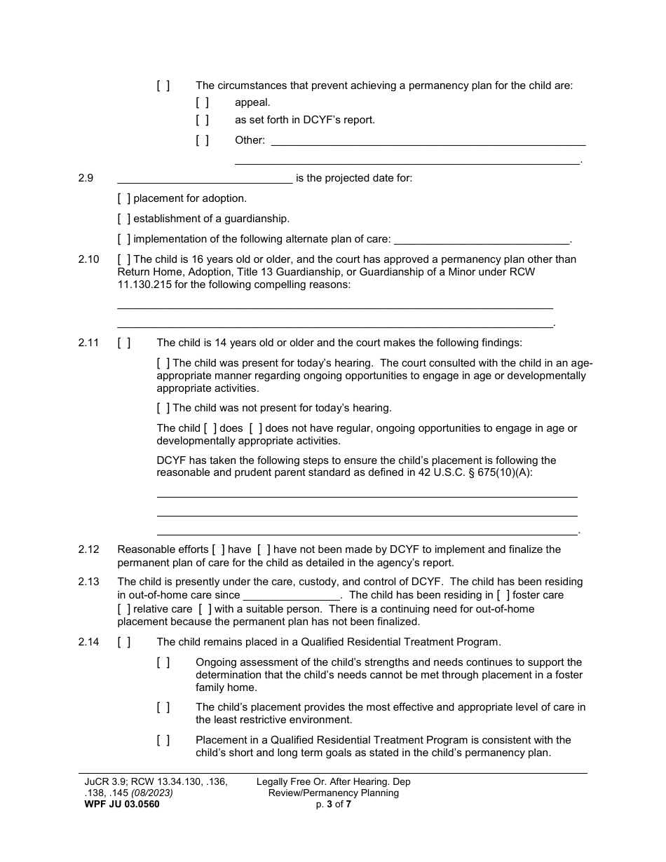 Form WPF JU03.0560 Legally Free - Order After Hearing Dependency Review / Permanency Planning (Dprho) (Orpp) - Washington, Page 3