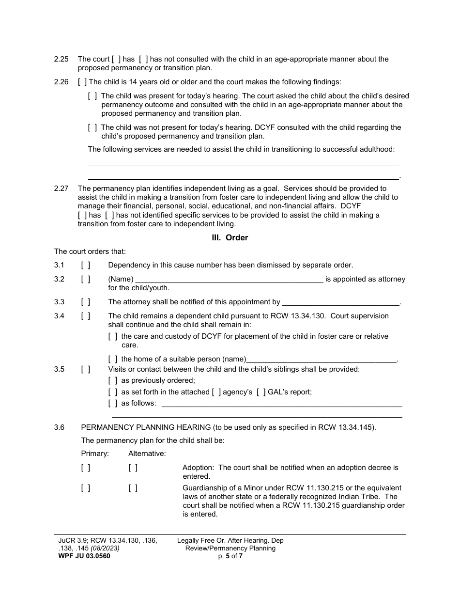 Form WPF JU03.0560 Legally Free - Order After Hearing Dependency Review / Permanency Planning (Dprho) (Orpp) - Washington, Page 5
