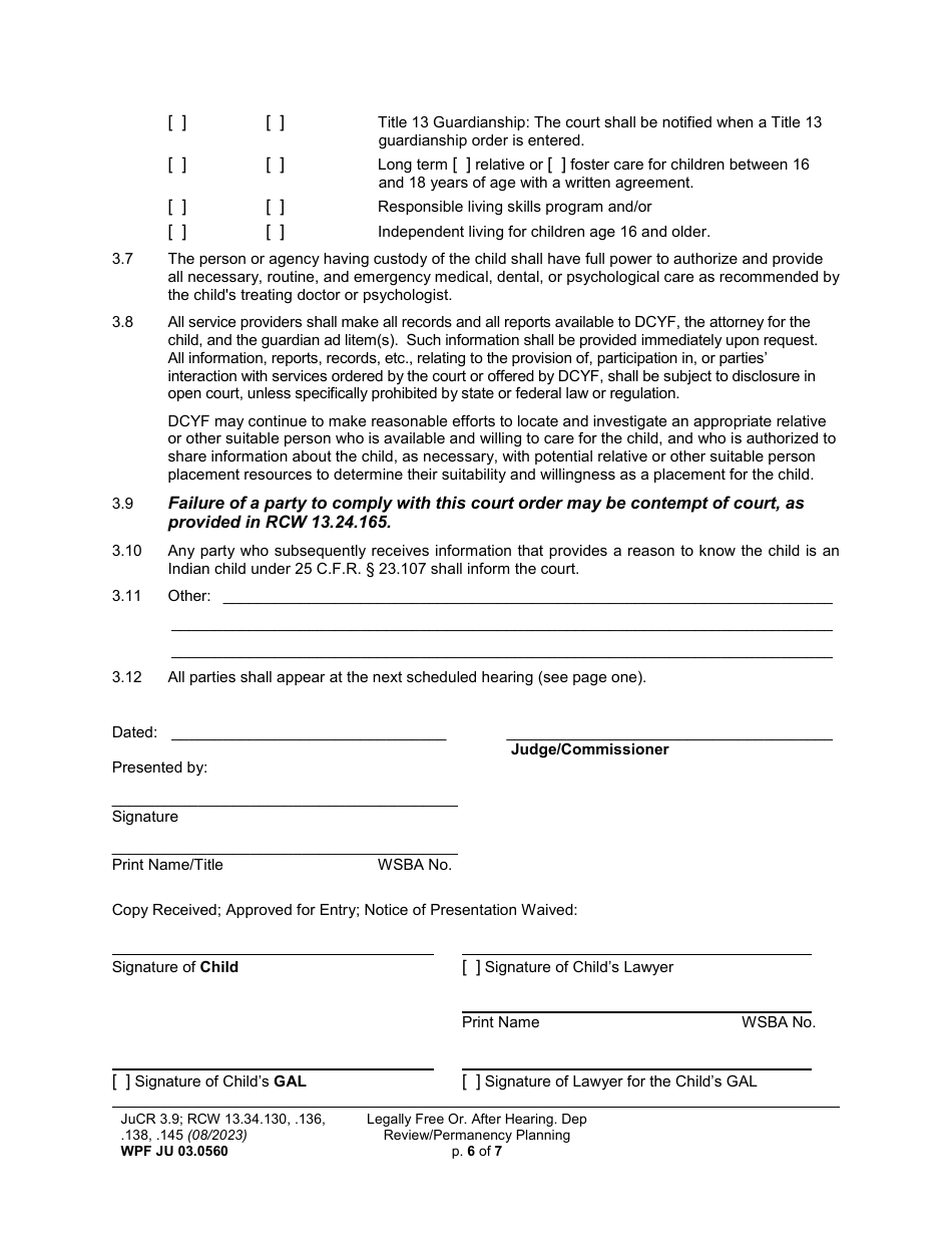 Form WPF JU03.0560 Legally Free - Order After Hearing Dependency Review / Permanency Planning (Dprho) (Orpp) - Washington, Page 6