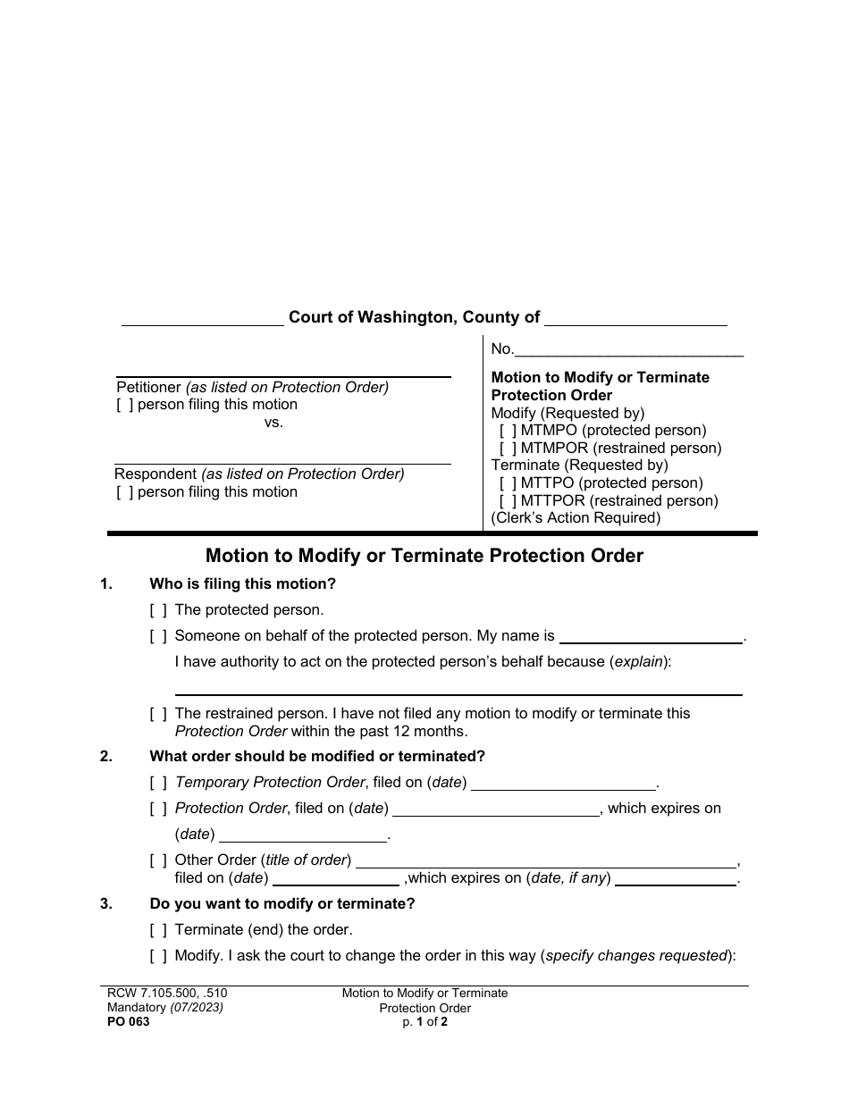 Form PO063 Motion to Modify or Terminate Protection Order - Washington, Page 1