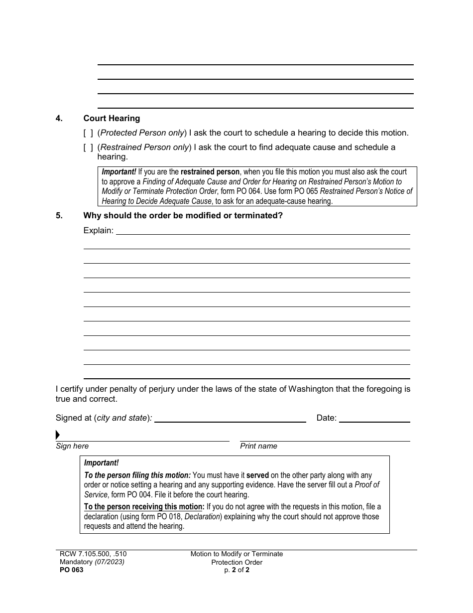 Form PO063 Motion to Modify or Terminate Protection Order - Washington, Page 2