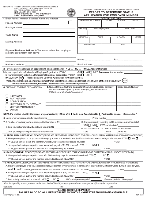 Form LB-0441 Report to Determine Status - Application for Employer Number - Tennessee