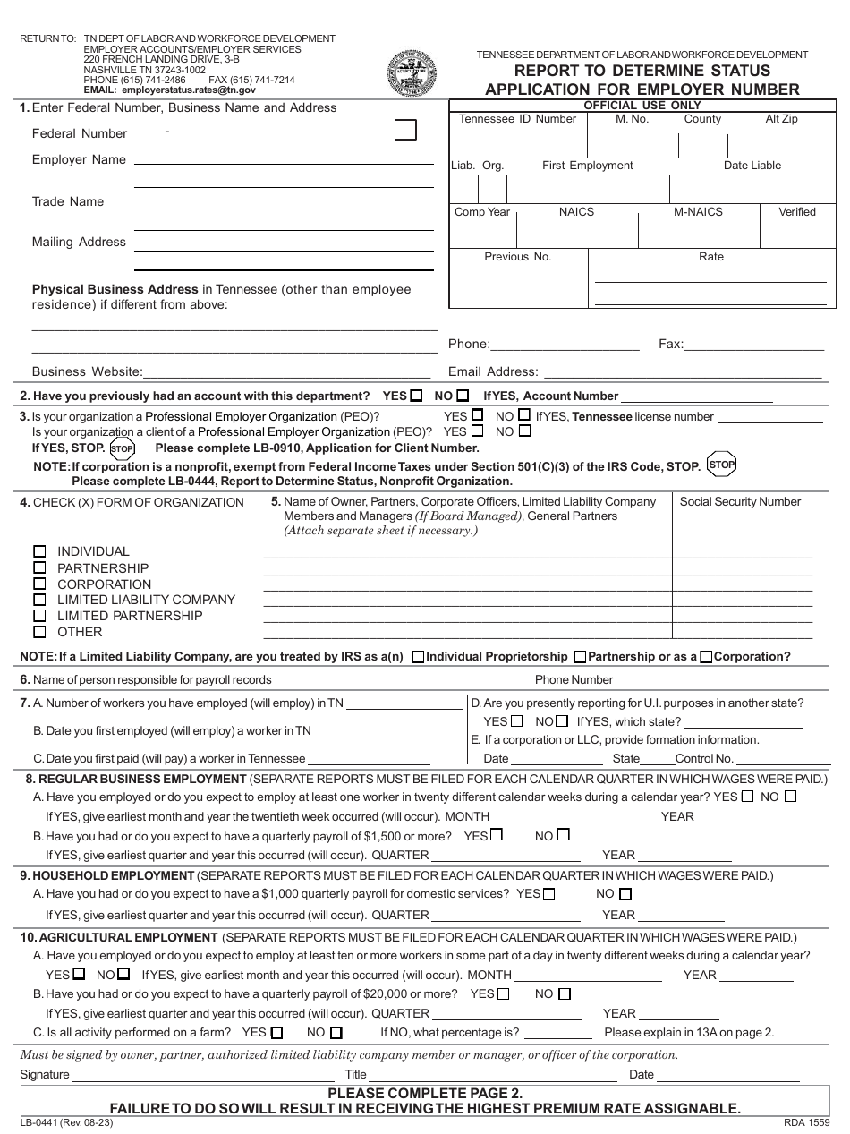 Form LB-0441 Report to Determine Status - Application for Employer Number - Tennessee, Page 1