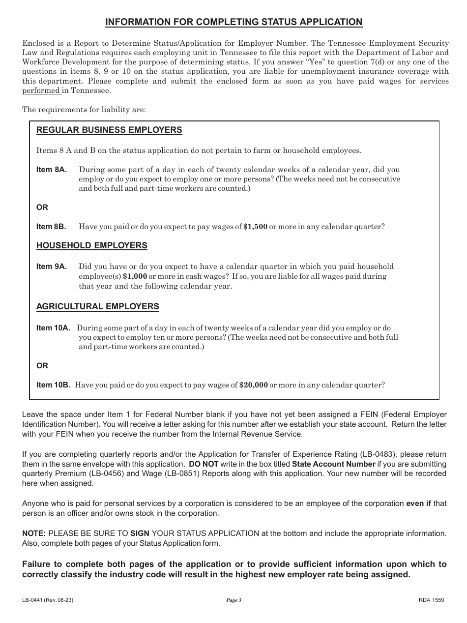 Form LB-0441 Report to Determine Status - Application for Employer Number - Tennessee, Page 3