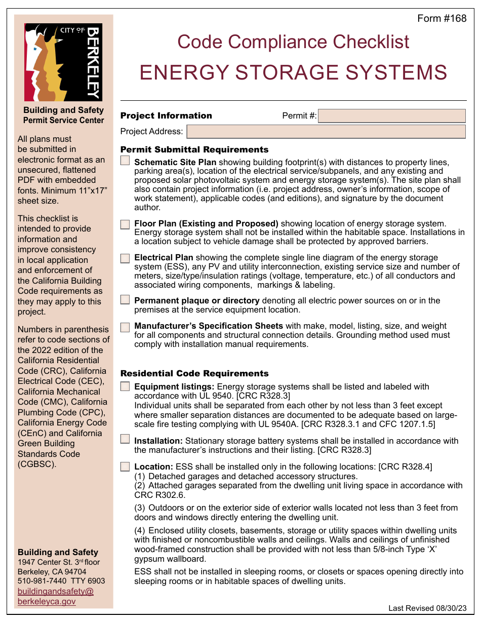 Form 168 Code Compliance Checklist - Energy Storage Systems - City of Berkeley, California, Page 1