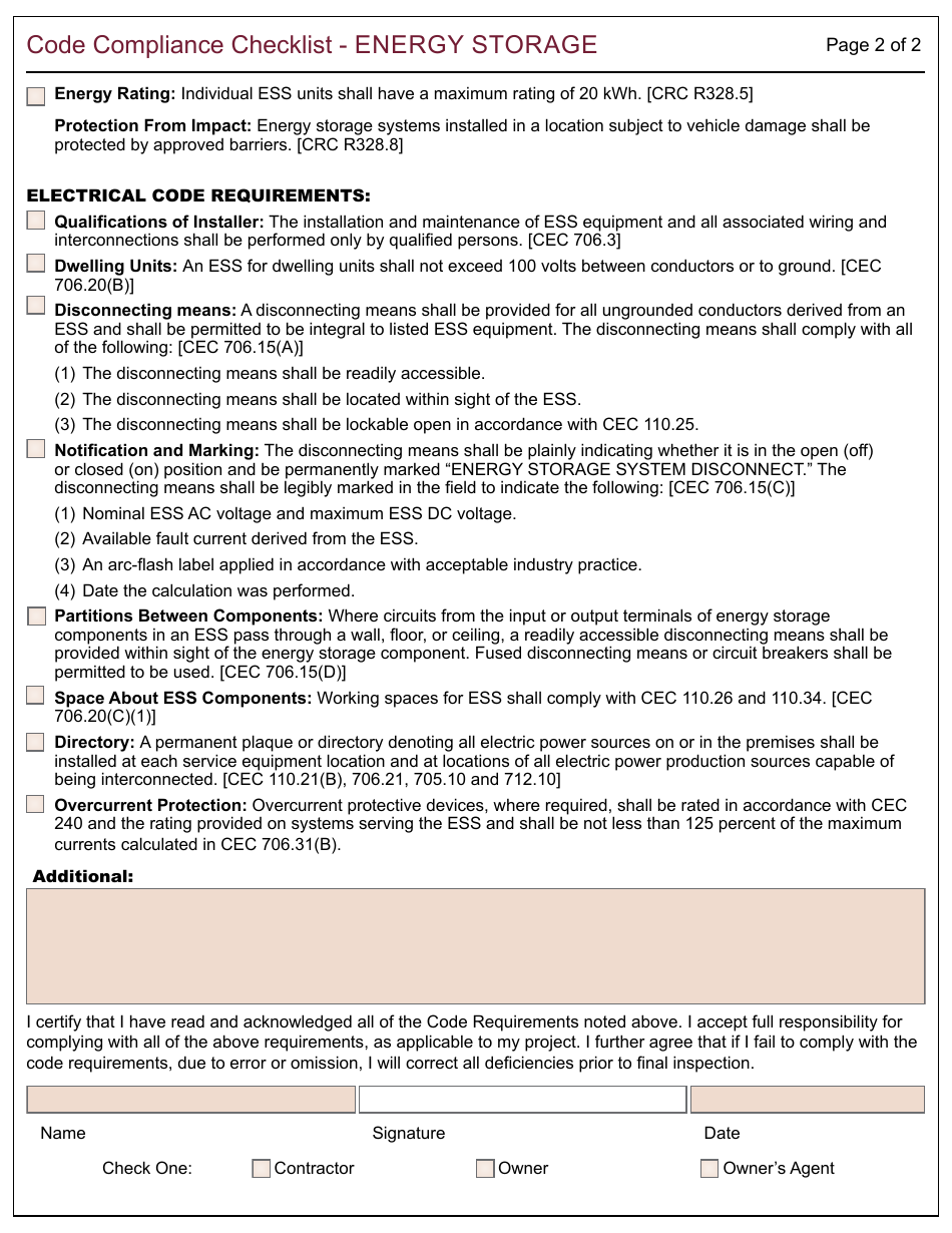 Form 168 Code Compliance Checklist - Energy Storage Systems - City of Berkeley, California, Page 2