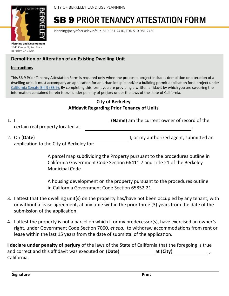 Sb 9 Prior Tenancy Attestation Form - City of Berkeley, California, Page 1