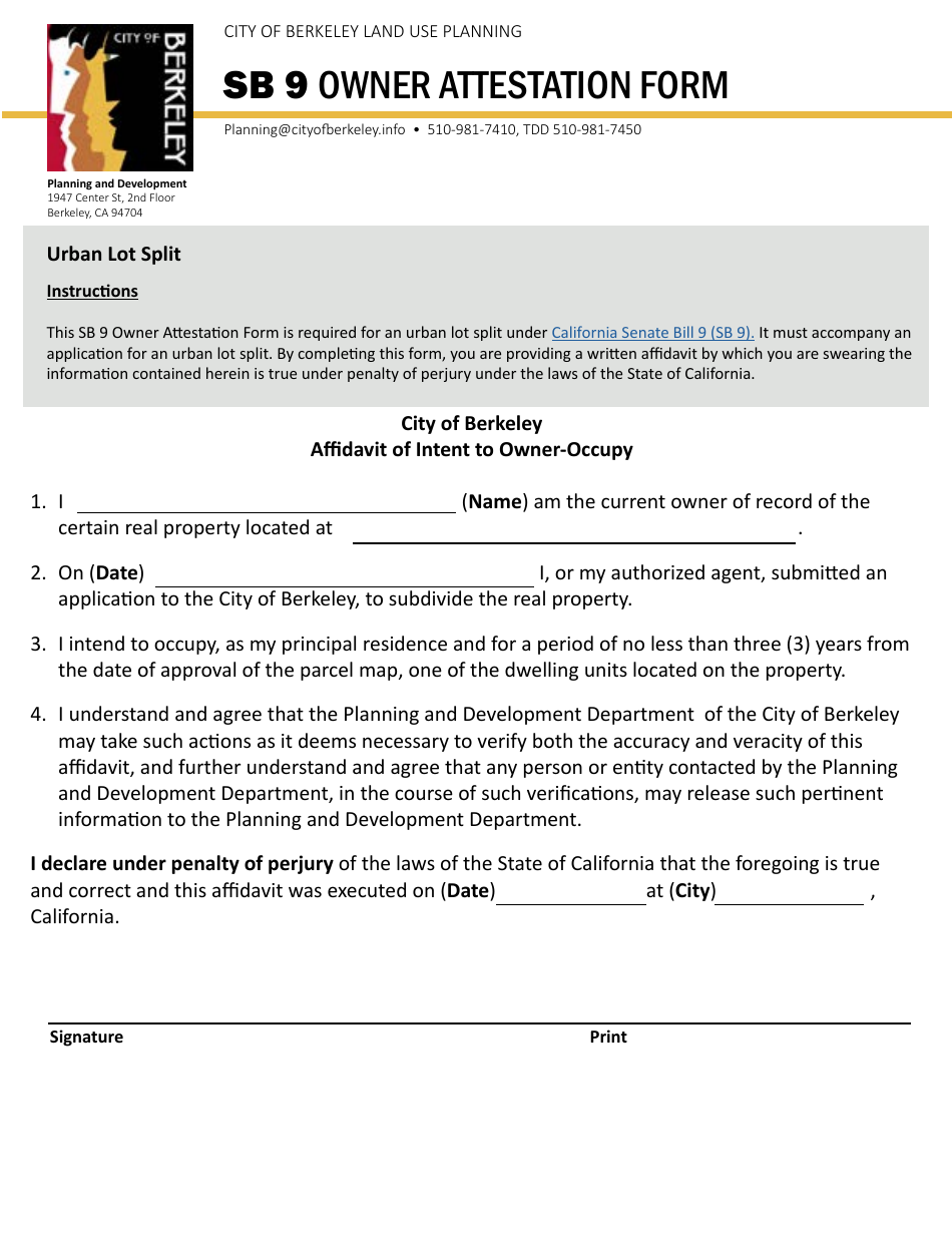 Form SB9 Owner Attestation Form - City of Berkeley, California, Page 1