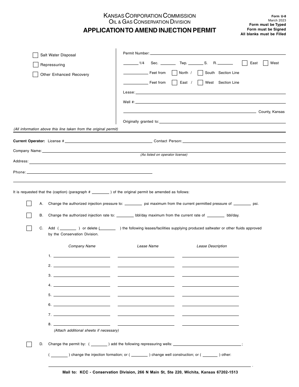 Form U-8 Application to Amend Injection Permit - Kansas, Page 1