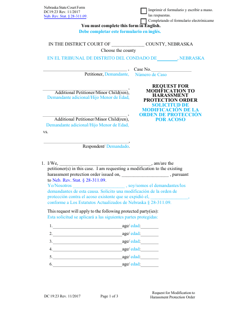 Form DC19:23 Request for Modification to Harassment Protection Order - Nebraska (English/Spanish)