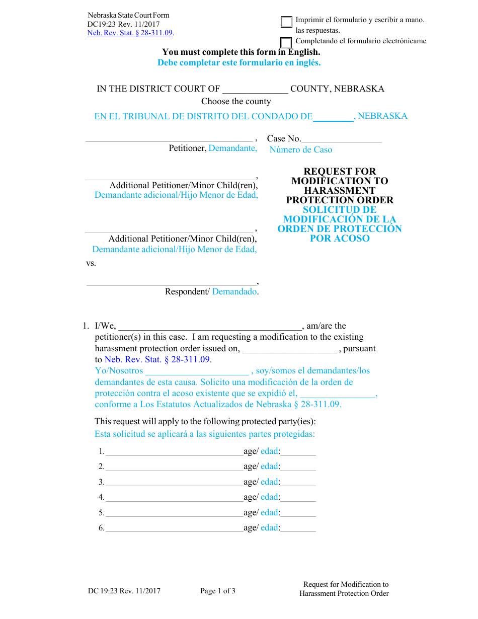 Form DC19:23 Request for Modification to Harassment Protection Order - Nebraska (English / Spanish), Page 1