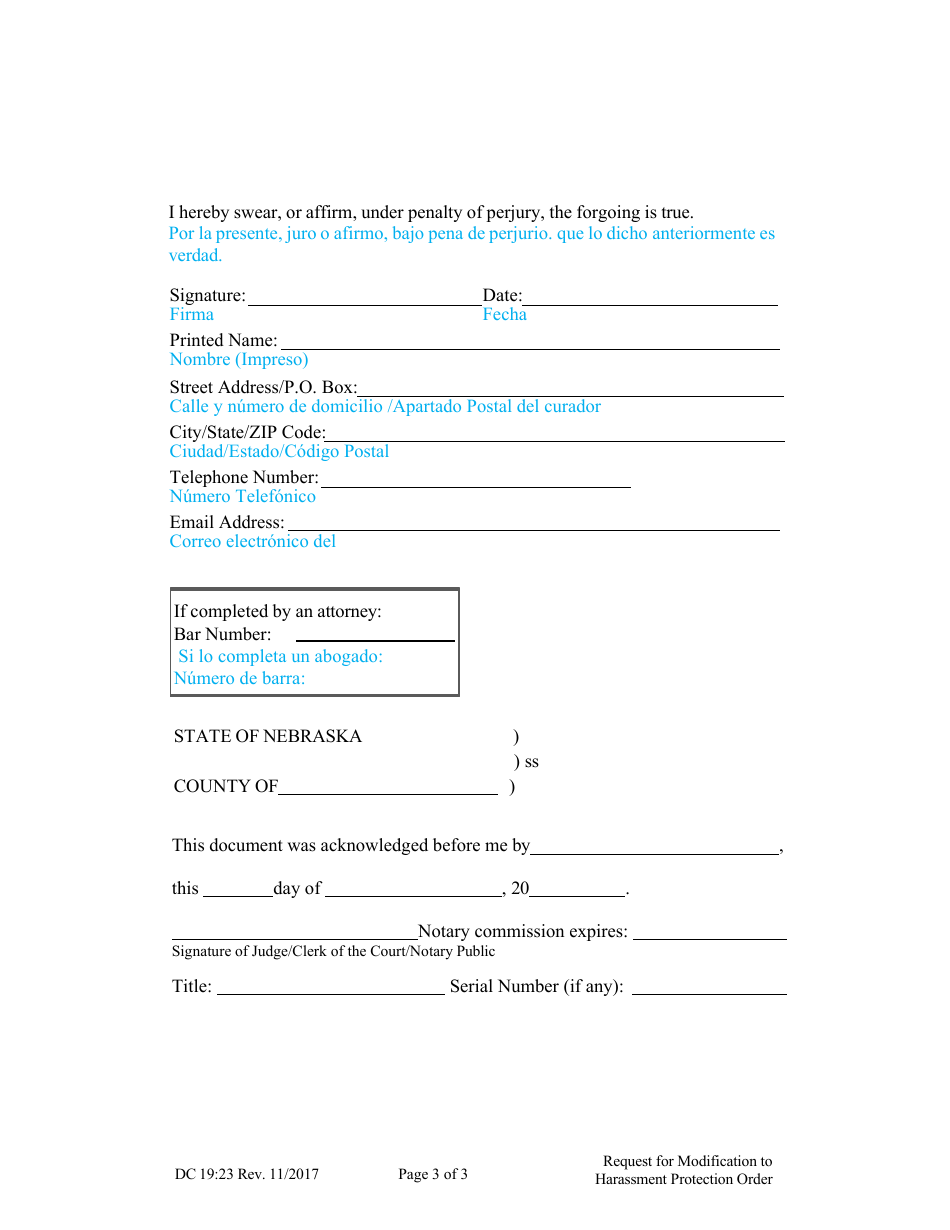 Form DC19:23 Request for Modification to Harassment Protection Order - Nebraska (English / Spanish), Page 3