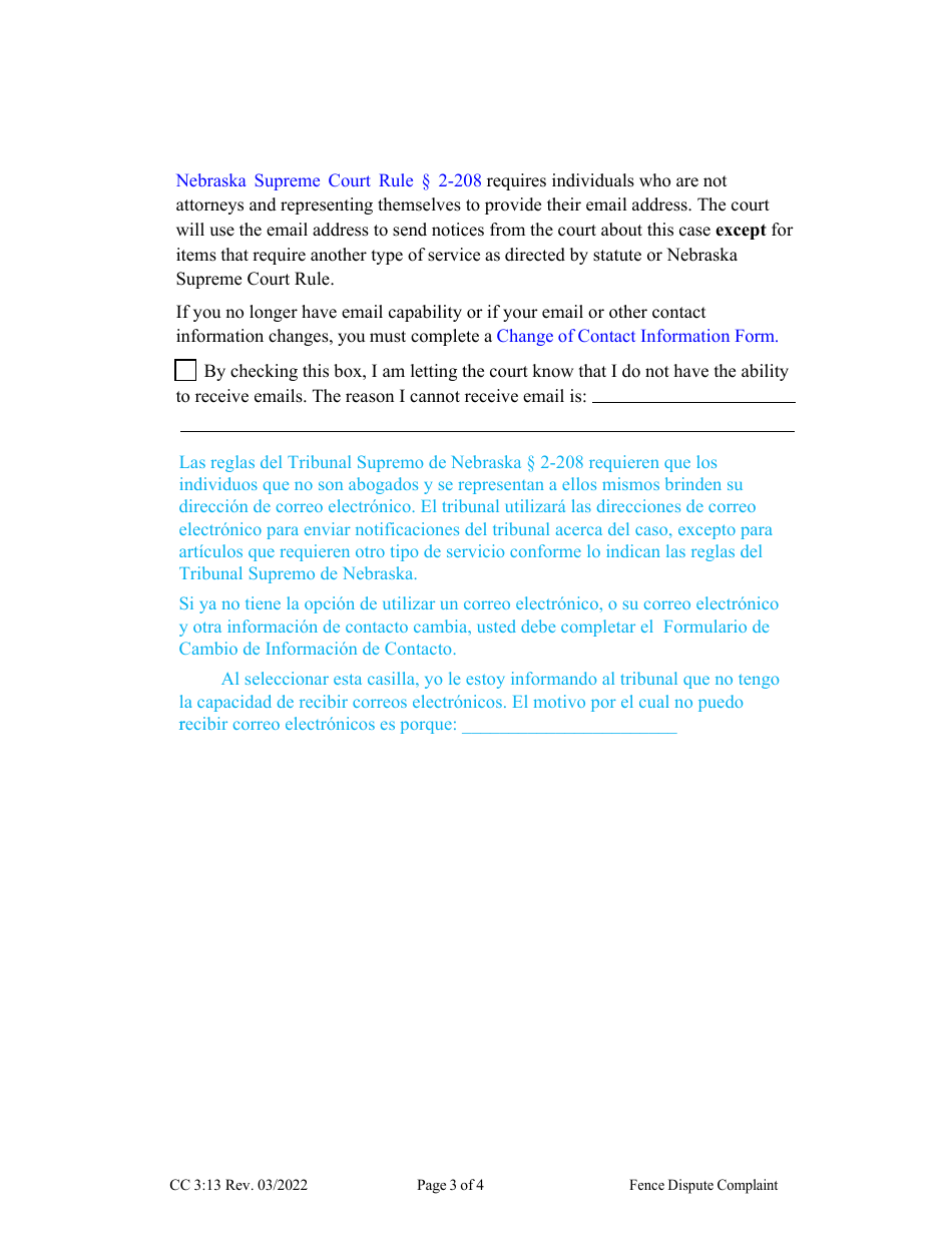Form CC3:13 Fence Dispute Complaint - Nebraska (English / Spanish), Page 3