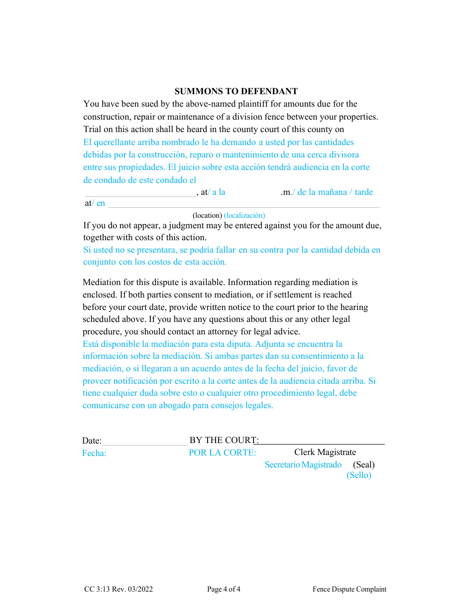 Form CC3:13 Fence Dispute Complaint - Nebraska (English / Spanish), Page 4