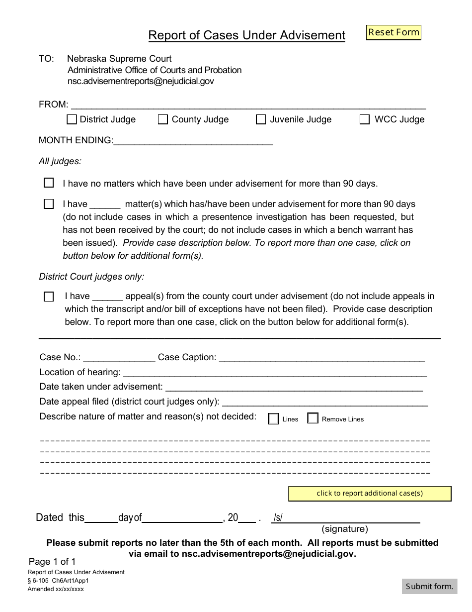 Form CH6ART1APP1 Report of Cases Under Advisement (All Case Types) - Nebraska, Page 1