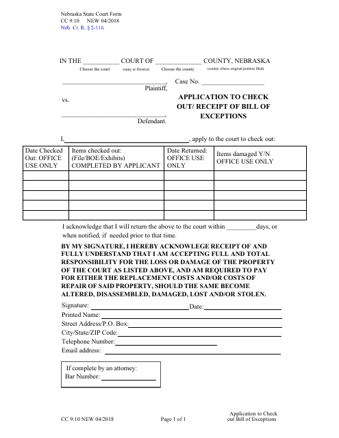 Form CC9:10 Application to Check out/Receipt of Bill of Exceptions - Nebraska