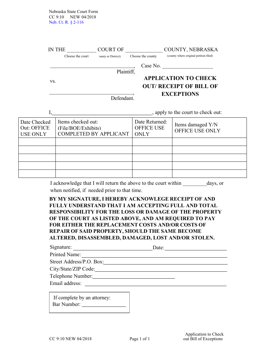 Form CC9:10 Application to Check out / Receipt of Bill of Exceptions - Nebraska, Page 1