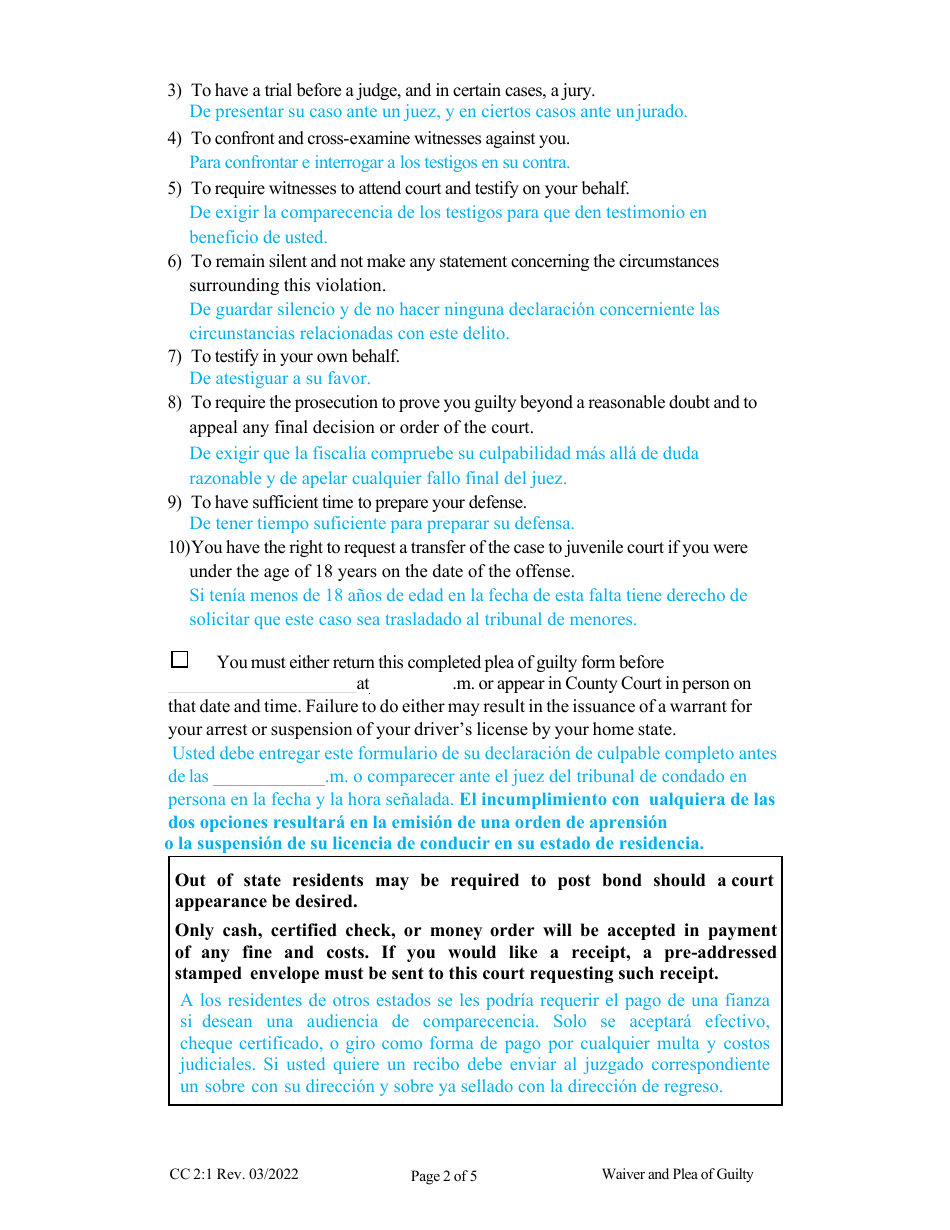 Form CC2:1 Waiver and Plea of Guilty - Nebraska (English / Spanish), Page 2