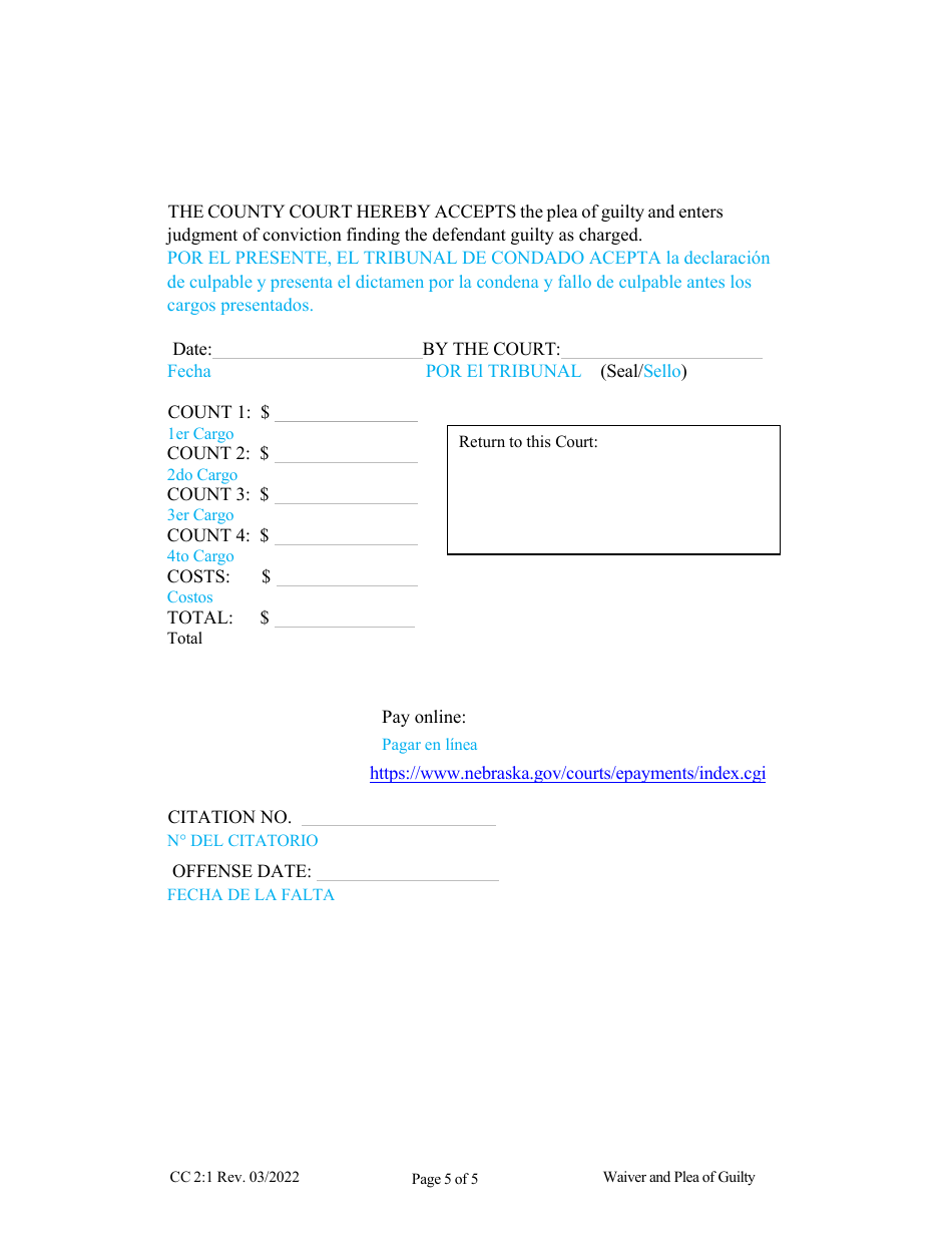 Form CC2:1 Waiver and Plea of Guilty - Nebraska (English / Spanish), Page 5