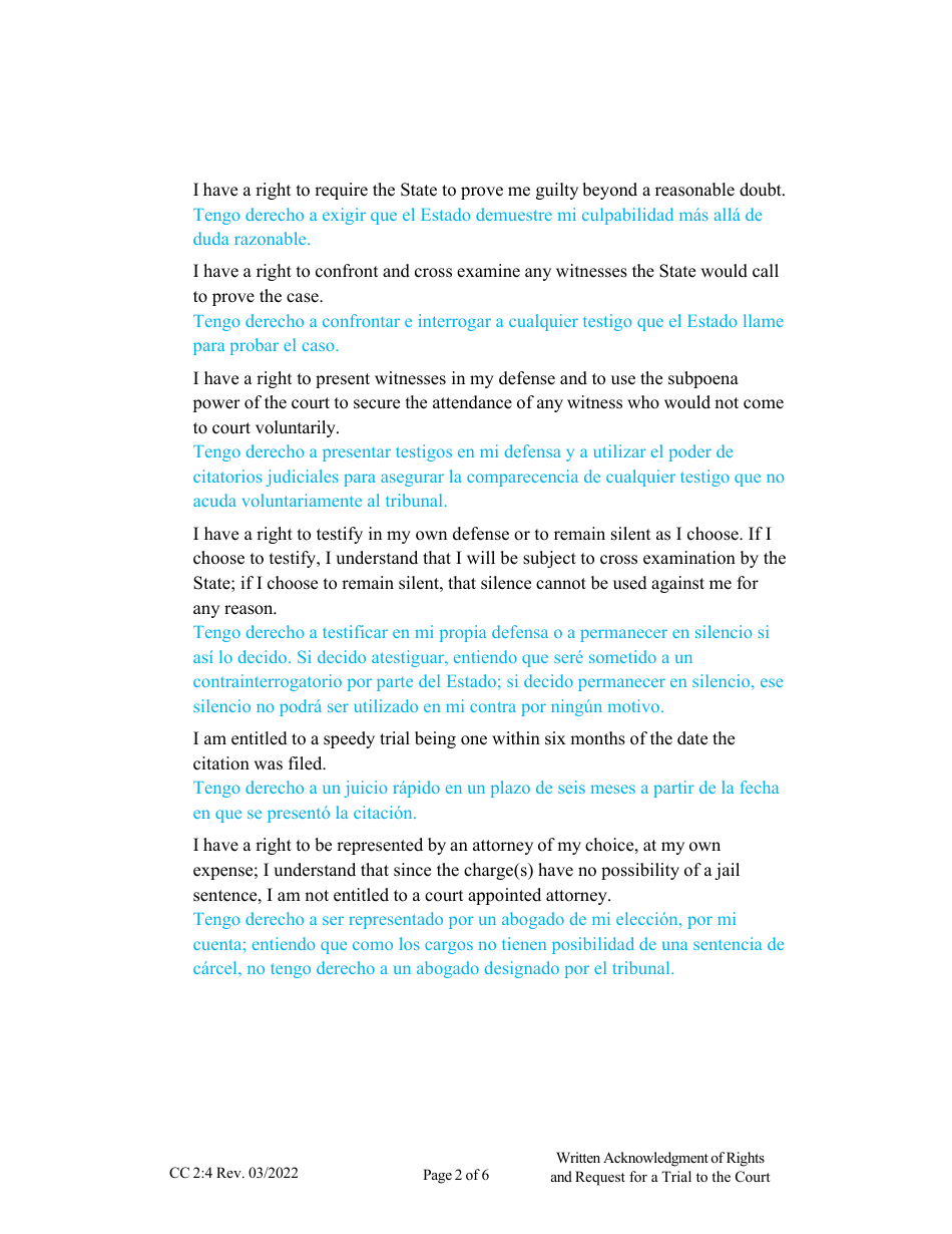 Form CC2:4 Written Acknowledgement of Rights and Request for a Trial to the Court - Nebraska (English / Spanish), Page 2