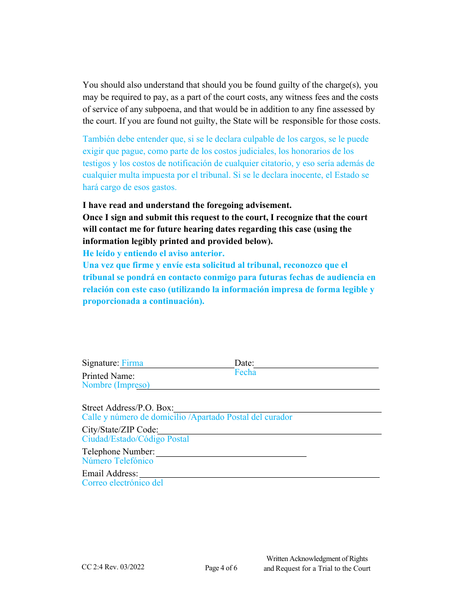 Form CC2:4 Written Acknowledgement of Rights and Request for a Trial to the Court - Nebraska (English / Spanish), Page 4